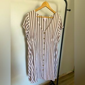 Isabel maternity tan and white striped dress (with buttons and POCKETS!)